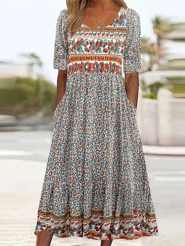 Boho Maxi Dress Square Neck Floral Print Short Sleeve - Multicolor