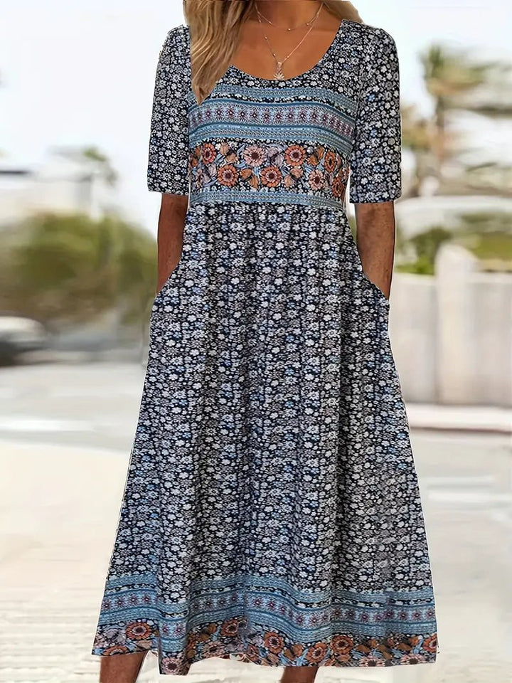 Boho Maxi Dress Square Neck Floral Print Short Sleeve - Multicolor1
