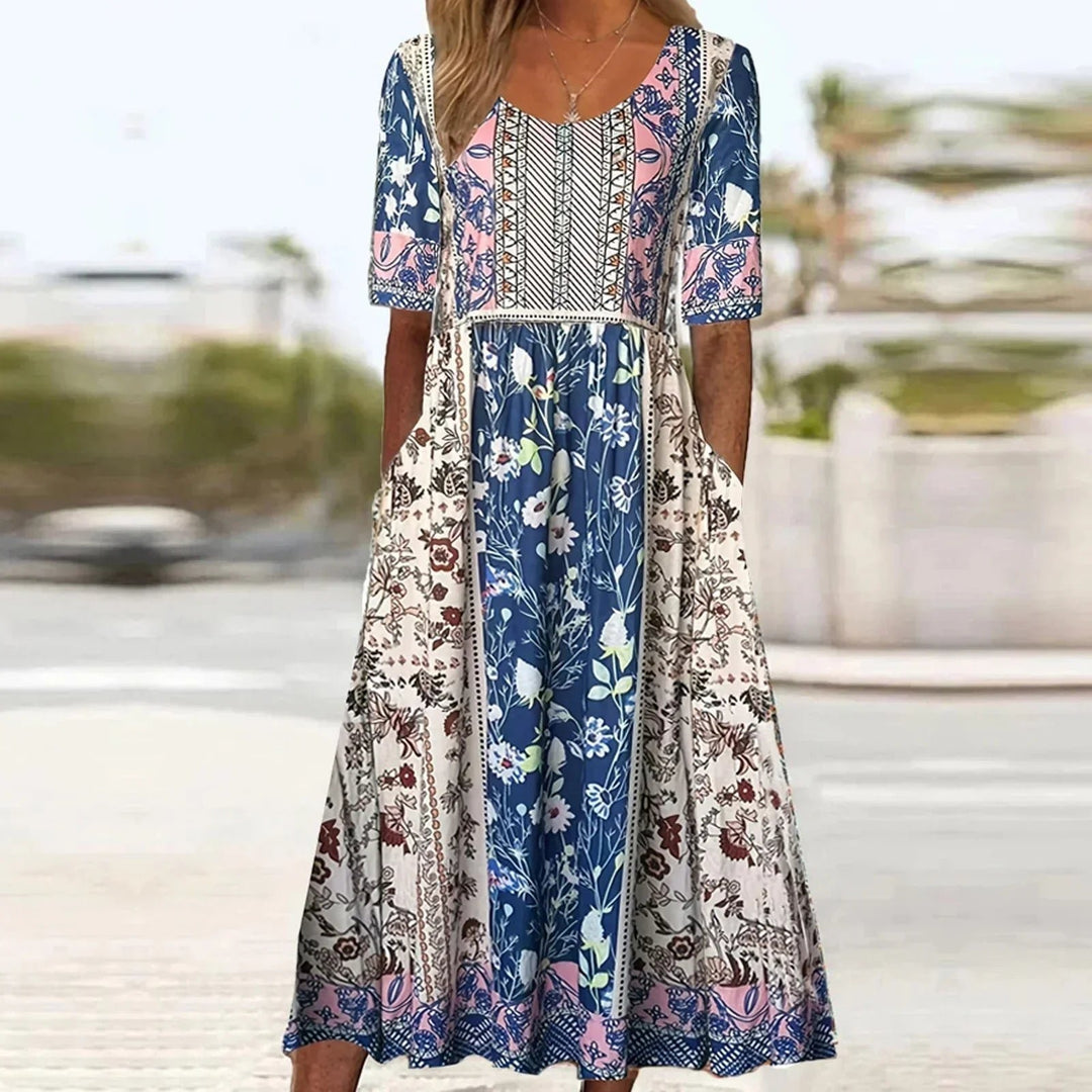 Boho Maxi Dress Square Neck Floral Print Short Sleeve - Multicolor2
