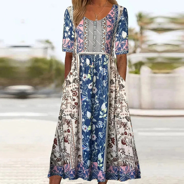 Boho Maxi Dress Square Neck Floral Print Short Sleeve - Multicolor2