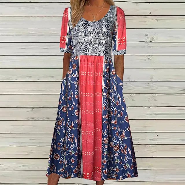 Boho Maxi Dress Square Neck Floral Print Short Sleeve - Multicolor3