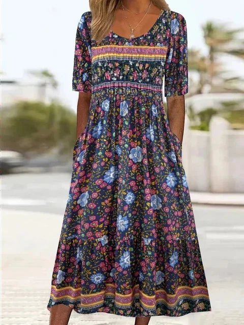 Boho Maxi Dress Square Neck Floral Print Short Sleeve - Multicolor4