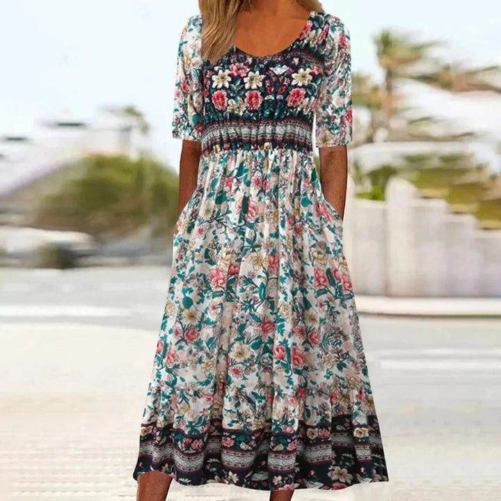 Boho Maxi Dress Square Neck Floral Print Short Sleeve - Multicolor5