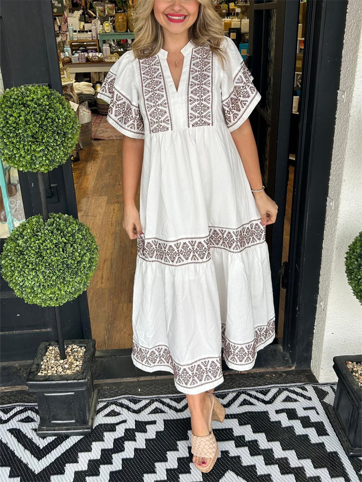Boho Maxi Dress V-Neck Embroidered Tummy Control Flowy - White