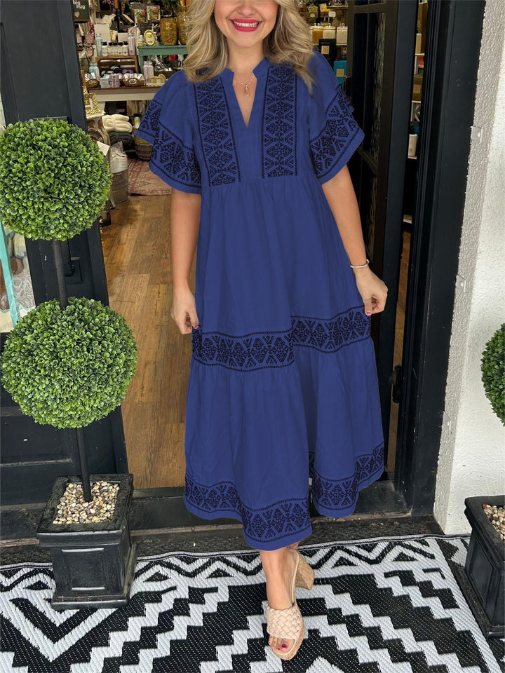 Boho Maxi Dress V-Neck Embroidered Tummy Control Flowy - Navy Blue
