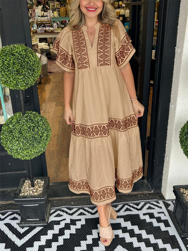 Boho Maxi Dress V-Neck Embroidered Tummy Control Flowy - Mocha