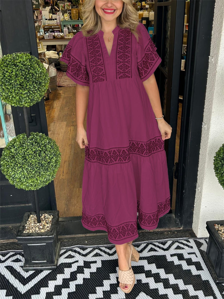 Boho Maxi Dress V-Neck Embroidered Tummy Control Flowy - Wine Red