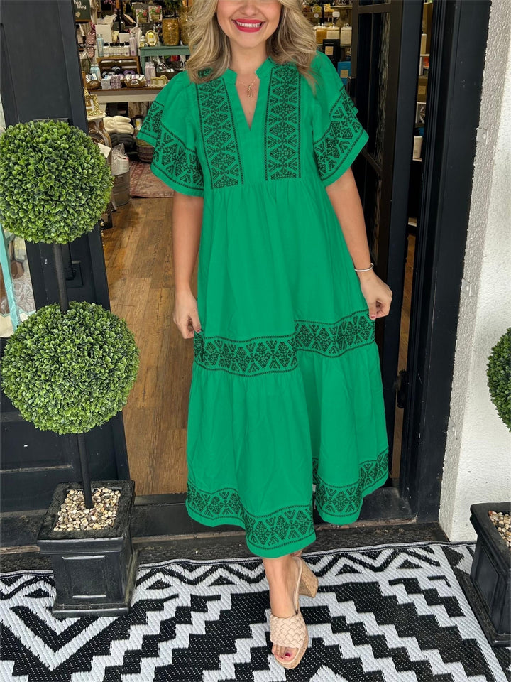Boho Maxi Dress V-Neck Embroidered Tummy Control Flowy - Green