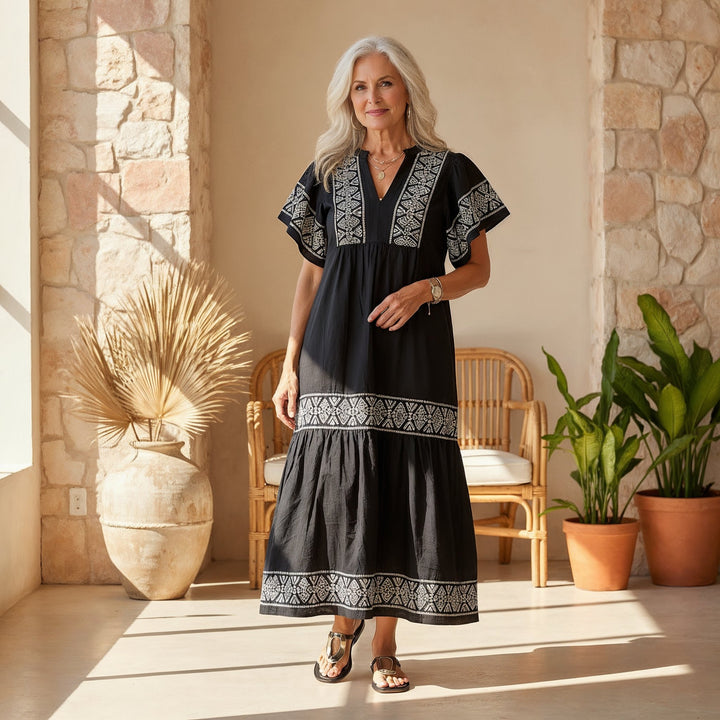 Boho Maxi Dress V-Neck Embroidered Tummy Control Flowy