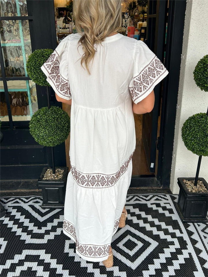 Boho Maxi Dress V-Neck Embroidered Tummy Control Flowy