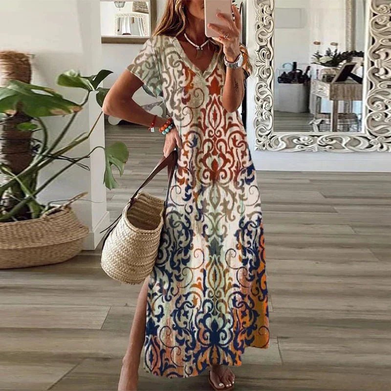 Boho Maxi Dress V-Neck Short Sleeve Side Split Print - Brown
