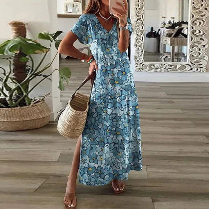 Boho Maxi Dress V-Neck Short Sleeve Side Split Print - Blue