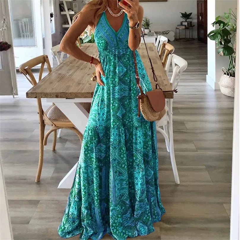 Boho Maxi Dress V-Neck Spaghetti Strap Flowy Summer - Green