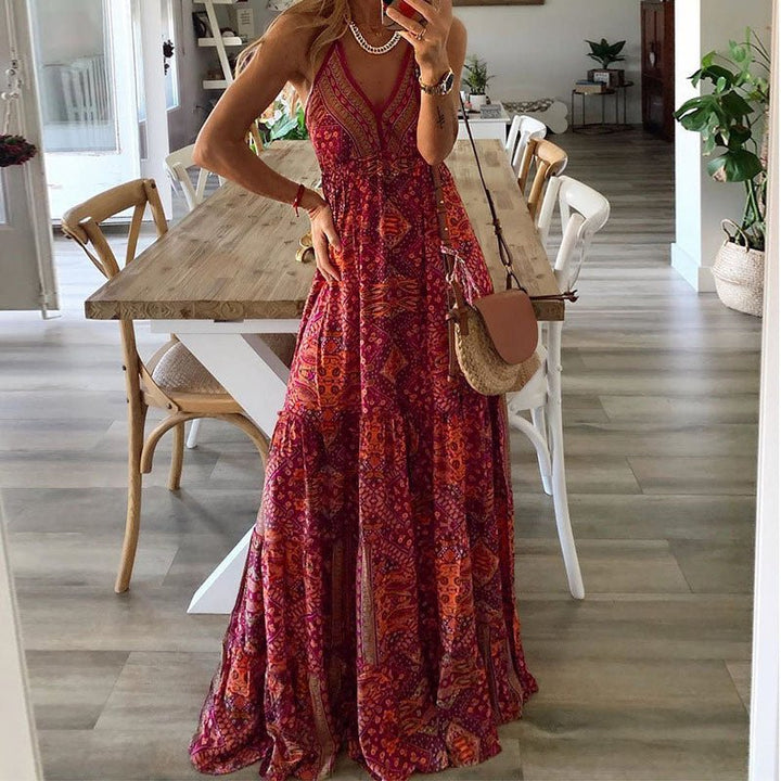 Boho Maxi Dress V-Neck Spaghetti Strap Flowy Summer - Red