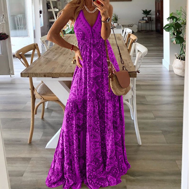 Boho Maxi Dress V-Neck Spaghetti Strap Flowy Summer - Purple
