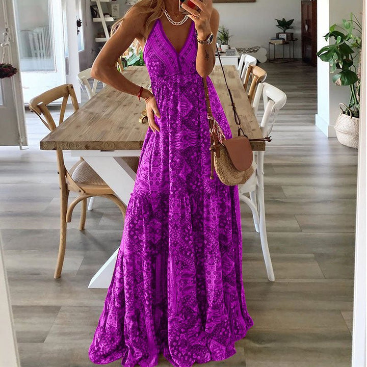 Boho Maxi Dress V-Neck Spaghetti Strap Flowy Summer - Purple