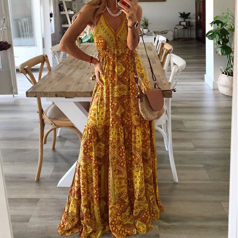 Boho Maxi Dress V-Neck Spaghetti Strap Flowy Summer - Yellow
