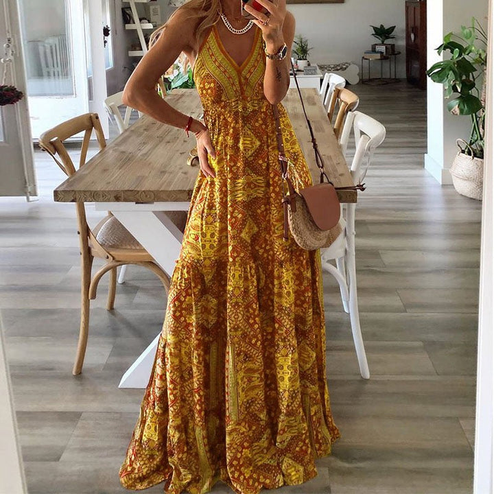 Boho Maxi Dress V-Neck Spaghetti Strap Flowy Summer - Yellow