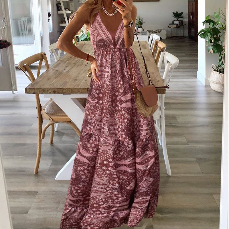 Boho Maxi Dress V-Neck Spaghetti Strap Flowy Summer - Old Rose