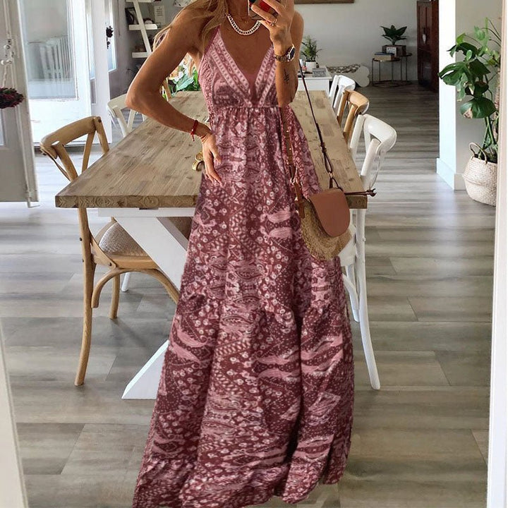 Boho Maxi Dress V-Neck Spaghetti Strap Flowy Summer - Old Rose