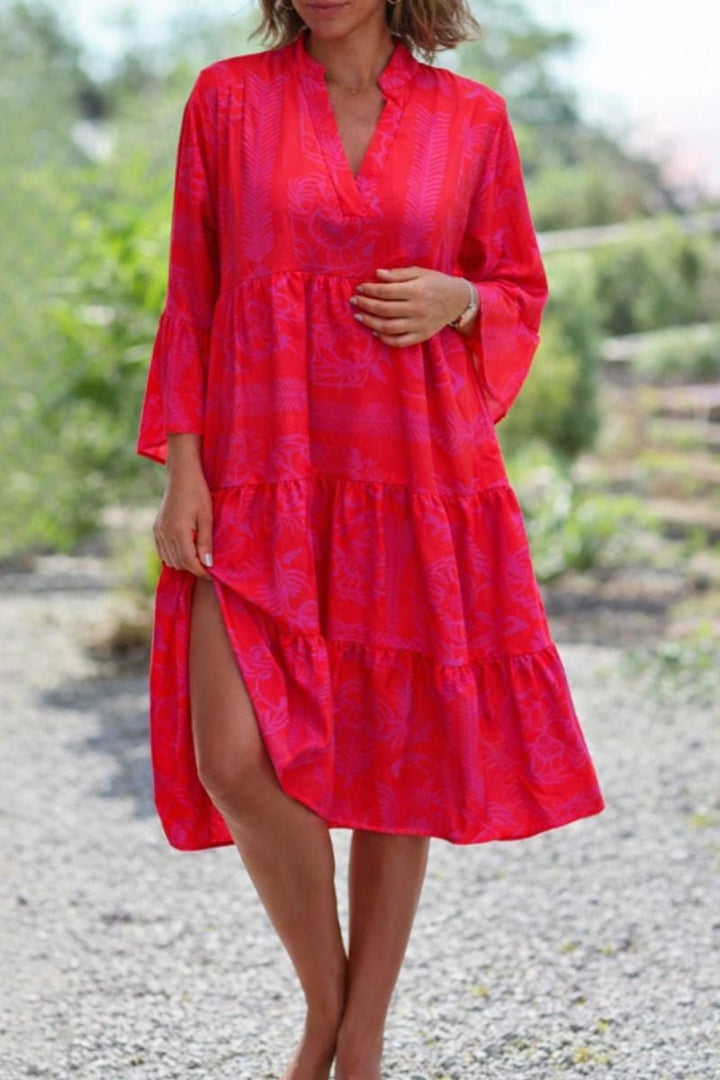 Boho Maxi Dress V-Neck Tiered Long Sleeve Flowy - Red