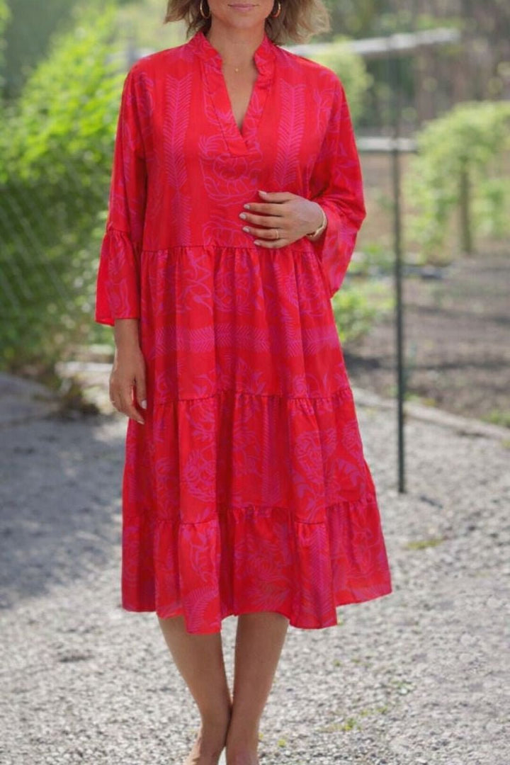 Boho Maxi Dress V-Neck Tiered Long Sleeve Flowy