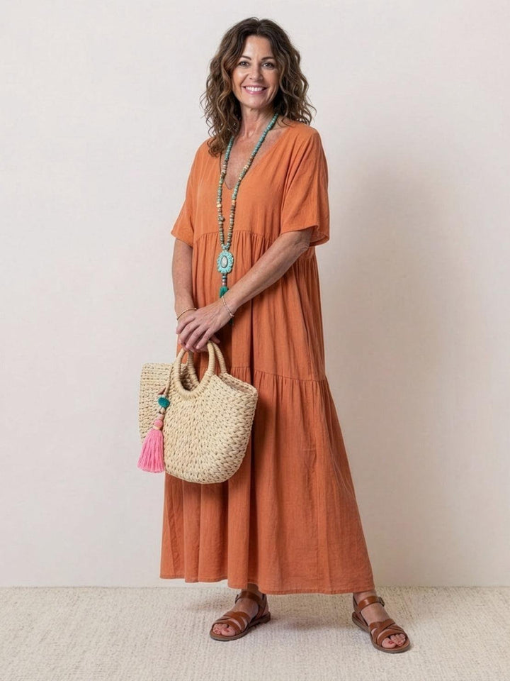 Boho Maxi Dress V-Neck Tiered Short Sleeve Swing - Rusty Orange