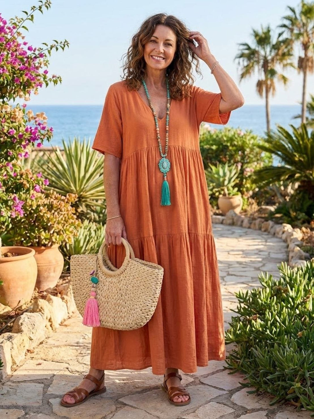 Boho Maxi Dress V-Neck Tiered Short Sleeve Swing