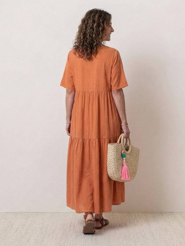Boho Maxi Dress V-Neck Tiered Short Sleeve Swing