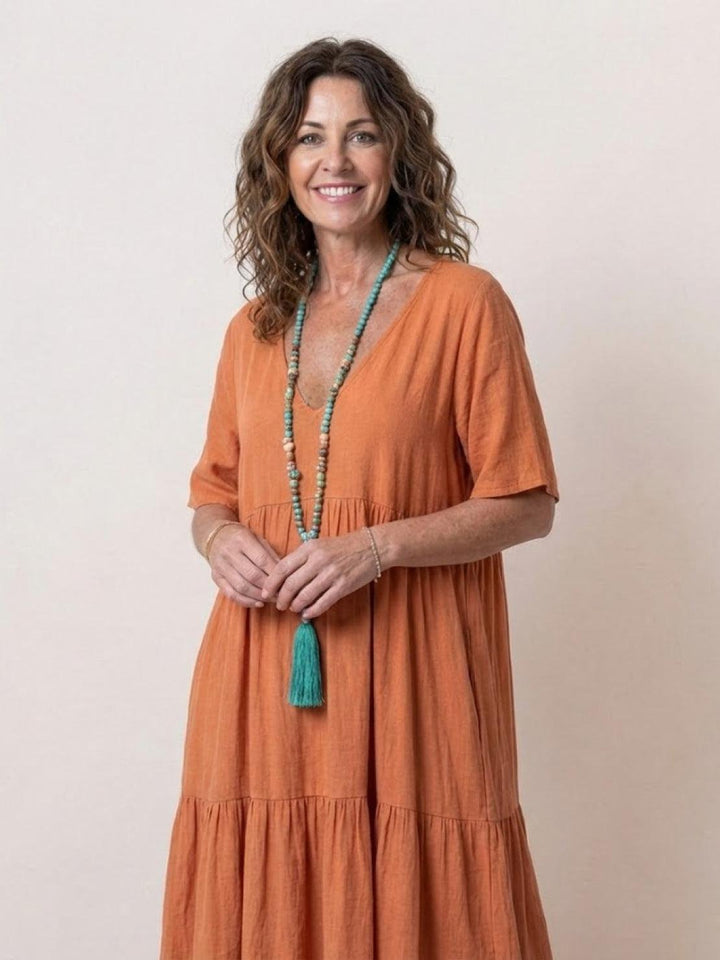 Boho Maxi Dress V-Neck Tiered Short Sleeve Swing