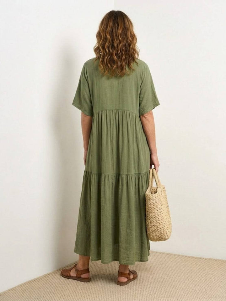 Boho Maxi Dress V-Neck Tiered Short Sleeve Swing