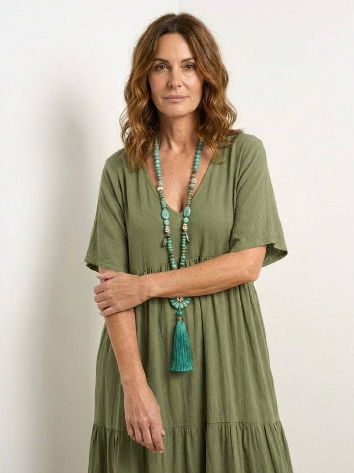 Boho Maxi Dress V-Neck Tiered Short Sleeve Swing