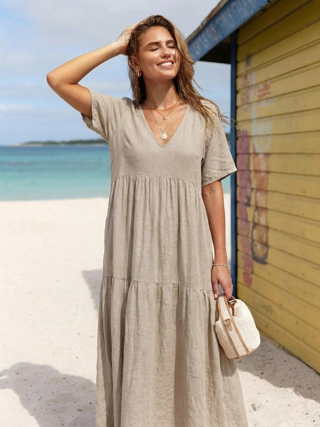 Boho Maxi Dress V-Neck Tiered Short Sleeve Swing