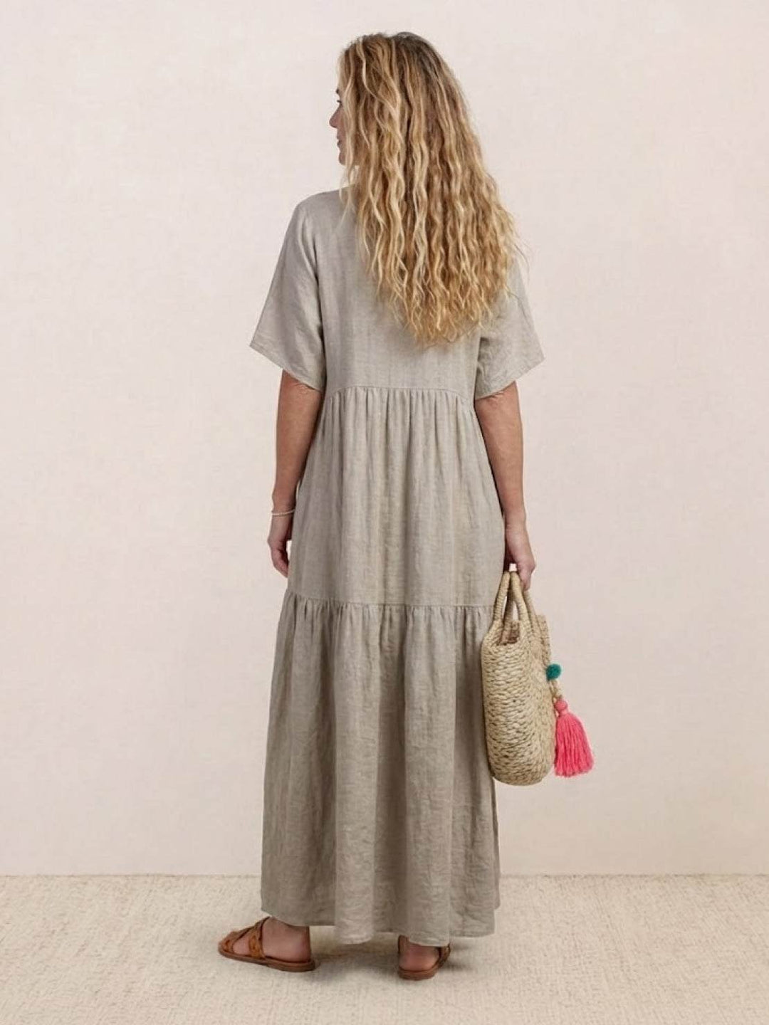 Boho Maxi Dress V-Neck Tiered Short Sleeve Swing