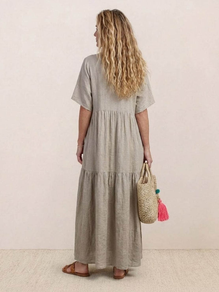 Boho Maxi Dress V-Neck Tiered Short Sleeve Swing