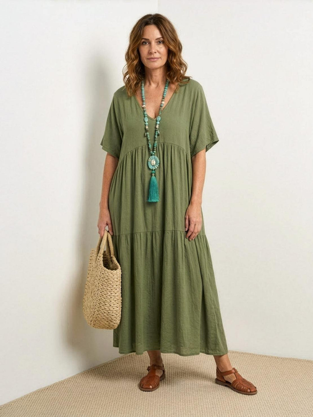 Boho Maxi Dress V-Neck Tiered Short Sleeve Swing - Army Green