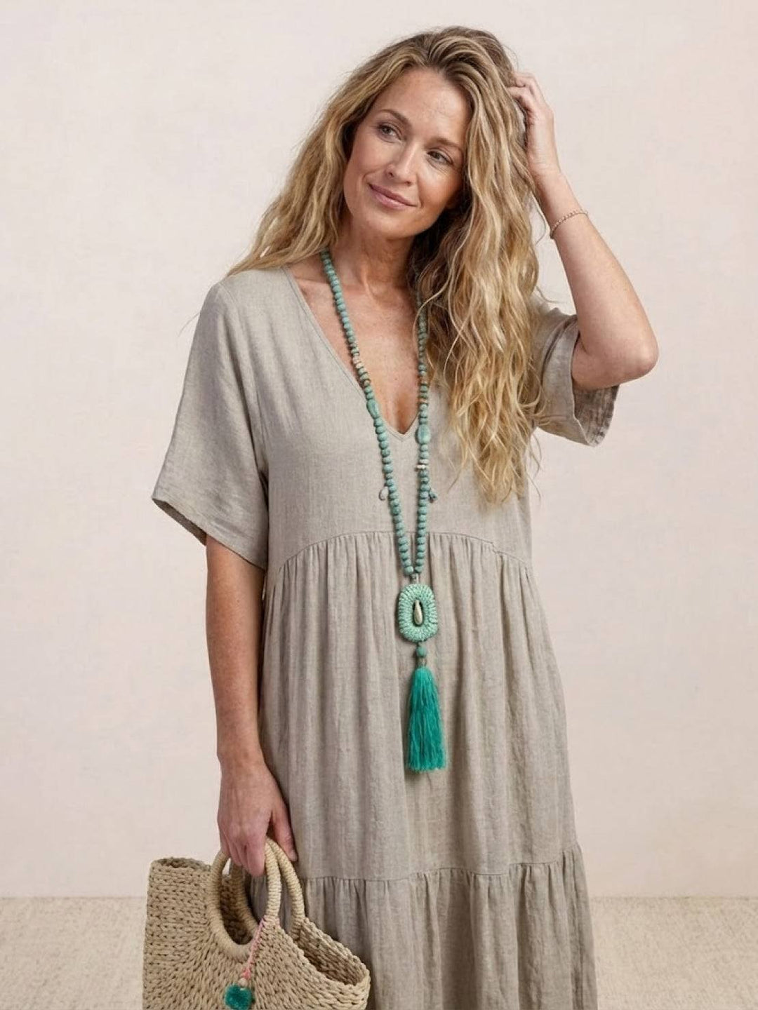 Boho Maxi Dress V-Neck Tiered Short Sleeve Swing