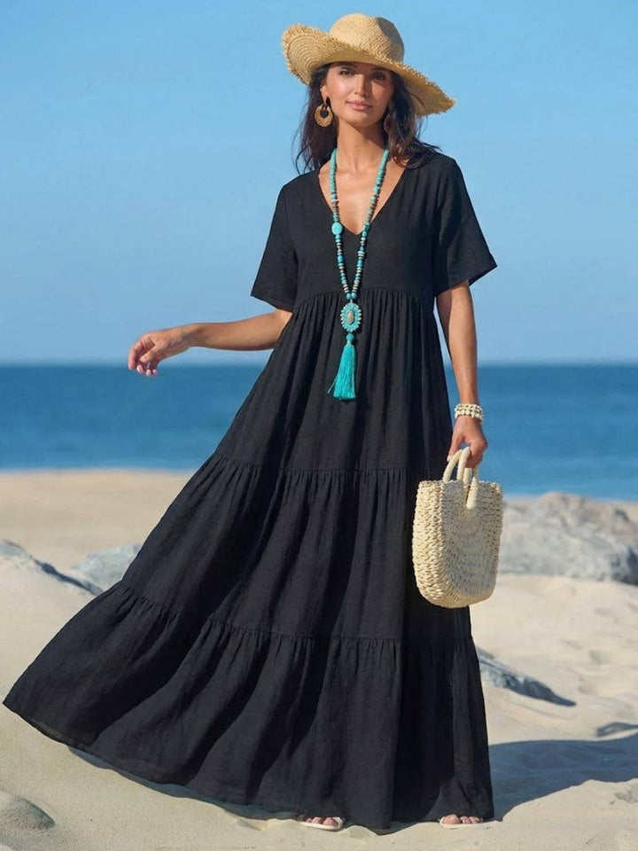 Boho Maxi Dress V-Neck Tiered Short Sleeve Swing