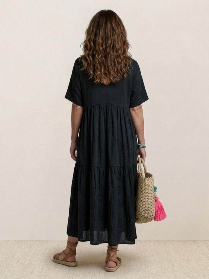 Boho Maxi Dress V-Neck Tiered Short Sleeve Swing