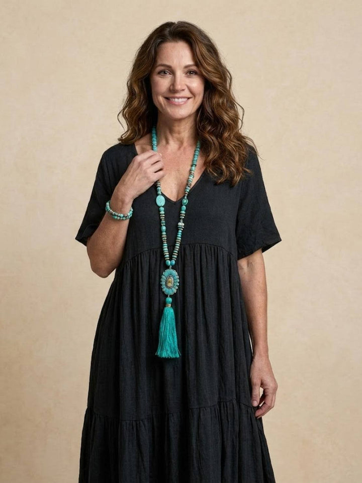 Boho Maxi Dress V-Neck Tiered Short Sleeve Swing