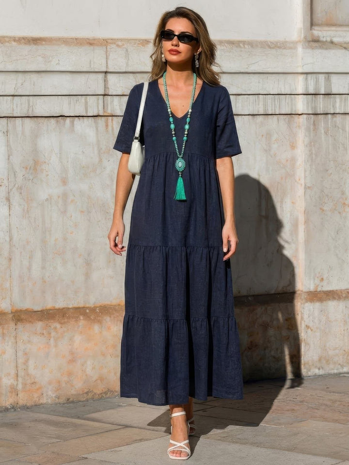 Boho Maxi Dress V-Neck Tiered Short Sleeve Swing