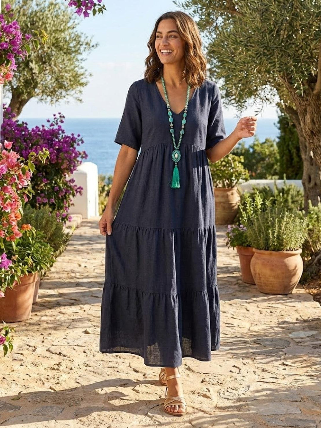 Boho Maxi Dress V-Neck Tiered Short Sleeve Swing