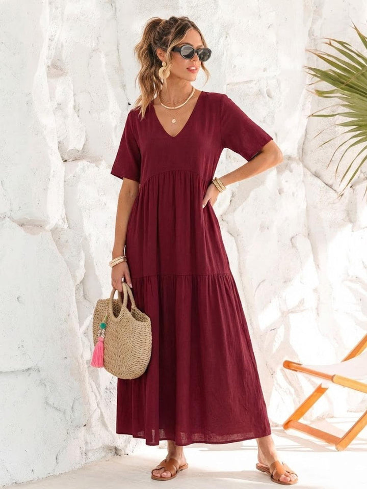 Boho Maxi Dress V-Neck Tiered Short Sleeve Swing