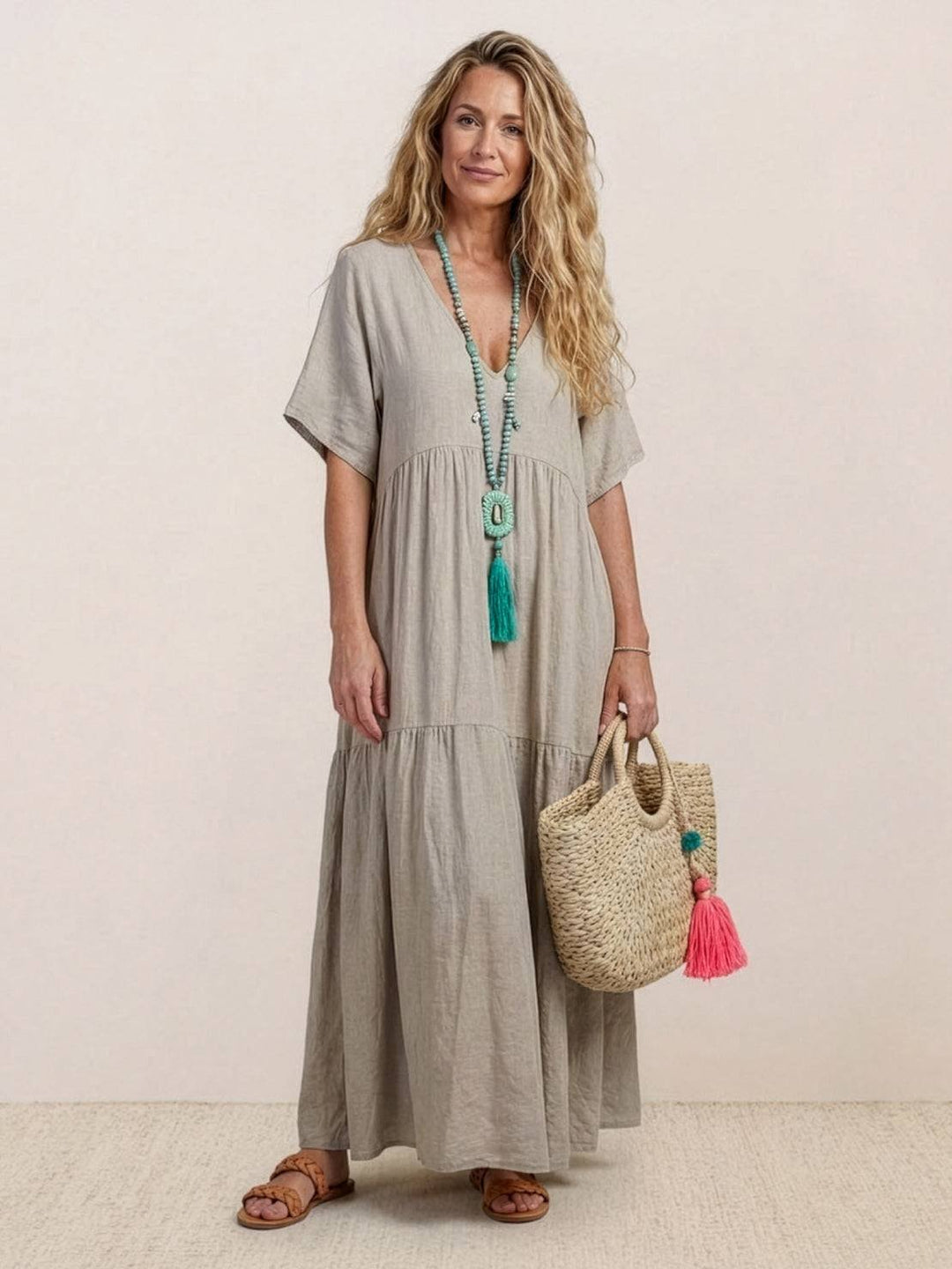 Boho Maxi Dress V-Neck Tiered Short Sleeve Swing - Apricot