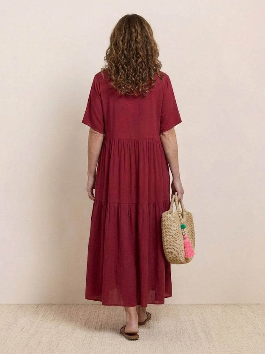 Boho Maxi Dress V-Neck Tiered Short Sleeve Swing