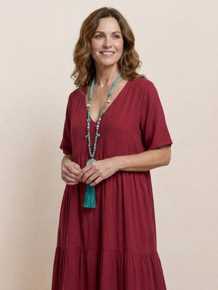 Boho Maxi Dress V-Neck Tiered Short Sleeve Swing