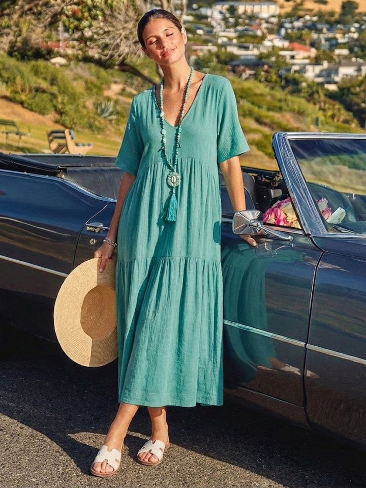 Boho Maxi Dress V-Neck Tiered Short Sleeve Swing
