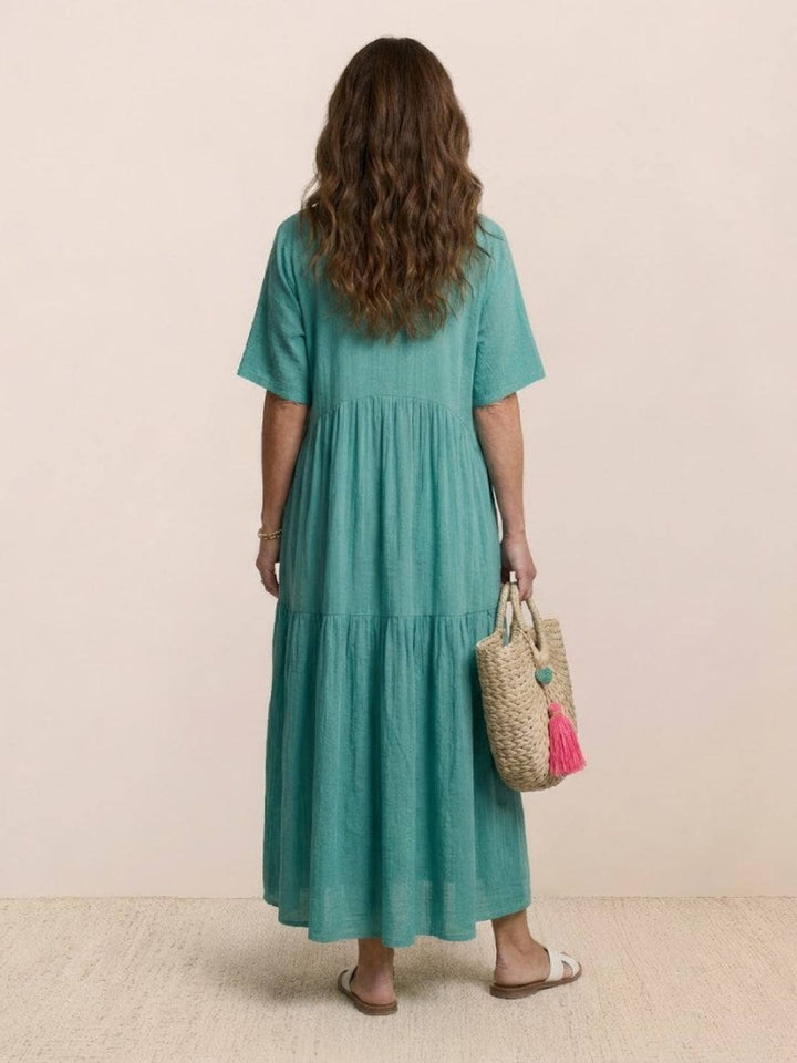 Boho Maxi Dress V-Neck Tiered Short Sleeve Swing