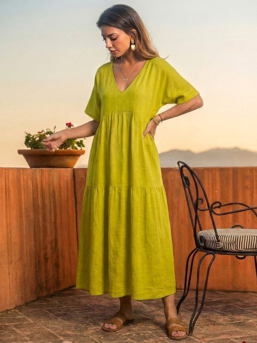 Boho Maxi Dress V-Neck Tiered Short Sleeve Swing