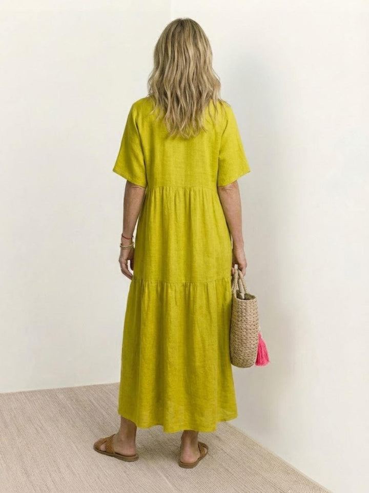 Boho Maxi Dress V-Neck Tiered Short Sleeve Swing